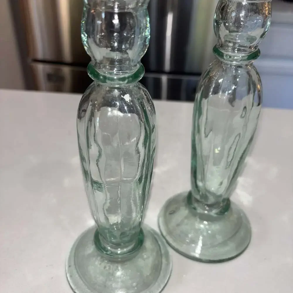 Set of 2 Vintage Spanish Recycled Glass Taper Candle Holders Sea Green
